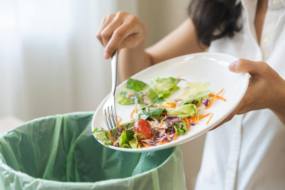 a person scraping food waste off a plate into the trash bin a person scraping food waste off a plate into the trash bin